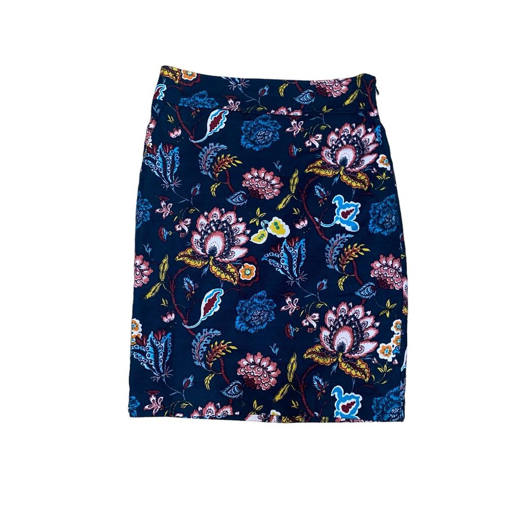 LOFT Ann Taylor Deep Teal Blue Floral Print Knee-Length Pencil Skirt Size 4 - Picture 3 of 7